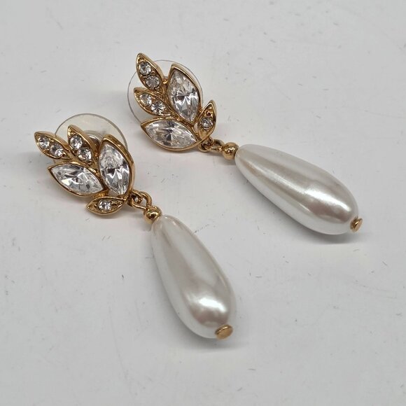 Monet Jewelry - Gold Leaf & Faux Teardrop Pearl Drop Earrings Crystal Rhinestone 1.75"